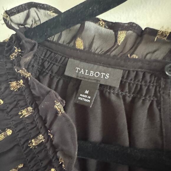 Talbots Smocked Blouse Black Metallic Clip Dot Keyhole Back Long Sleeve Sz M - Picture 4 of 8